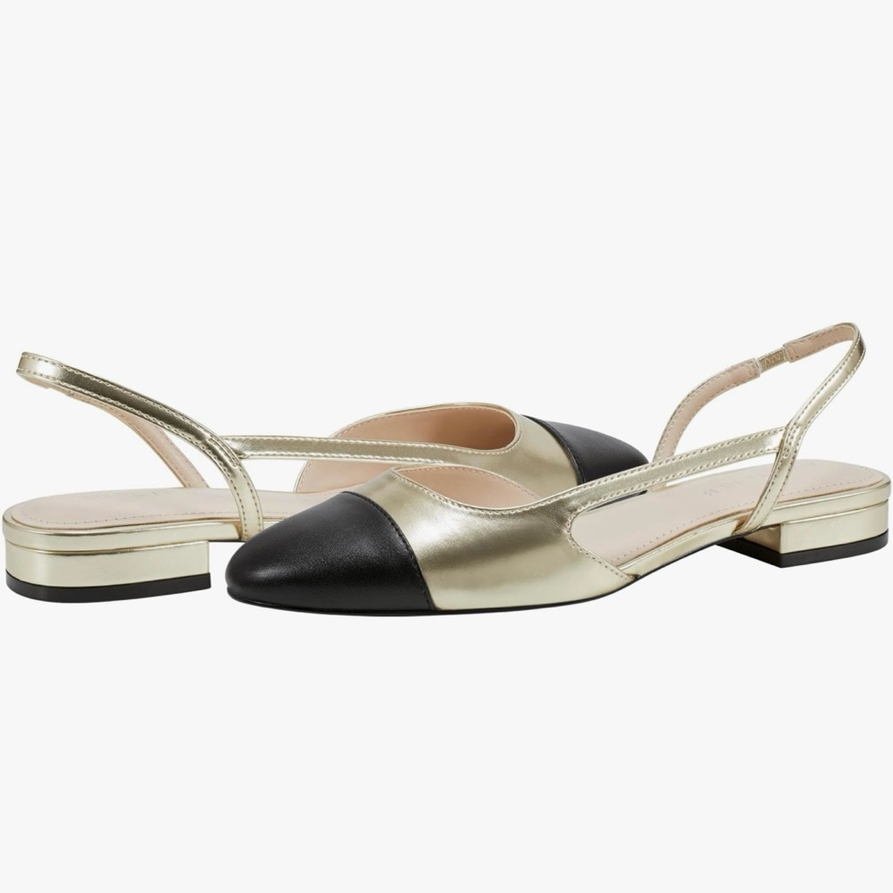 NWT Marc Fisher Women's Dela Leather Toe Cap Slingbacks in Black and Gold